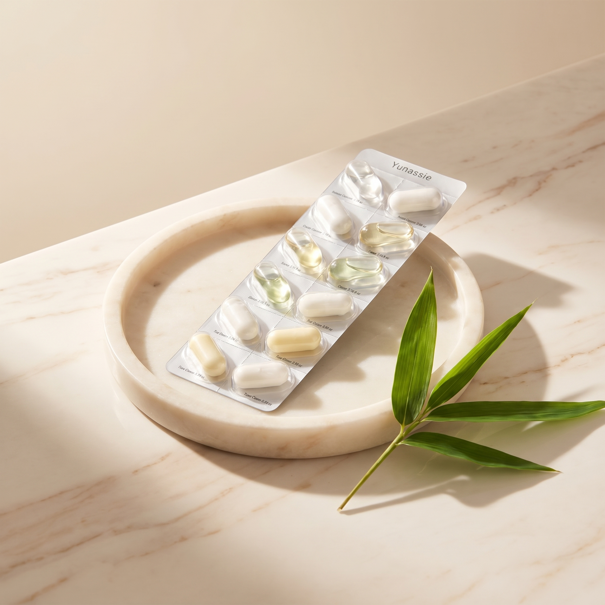Packaged supplements on a marble surface with a bamboo leaf