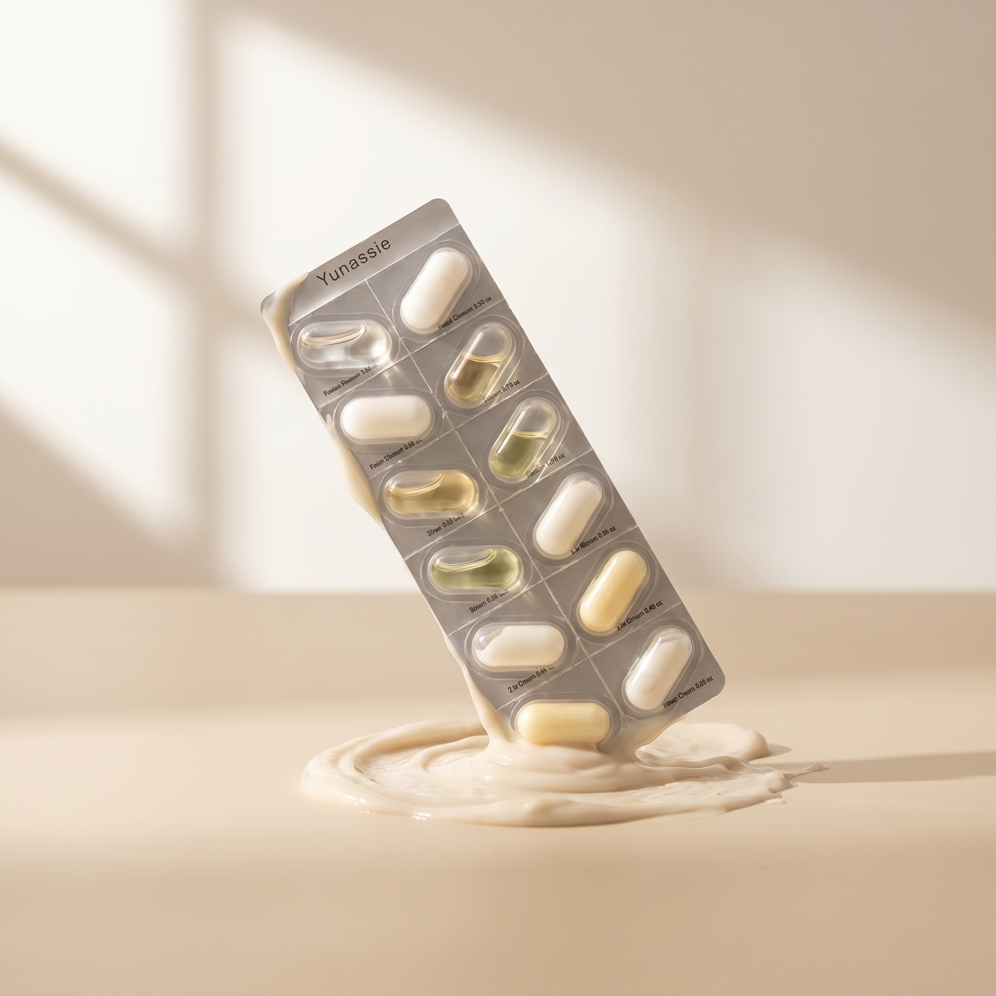 Pack of Yamasa tablets with a drop of milk on a beige background