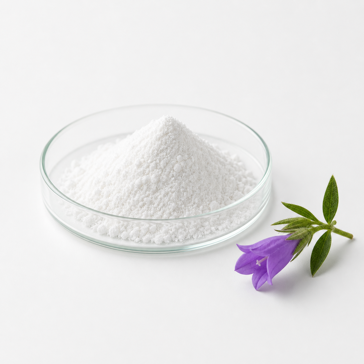 White ALLANTOIN powder in a glass bowl with a purple flower on a white background