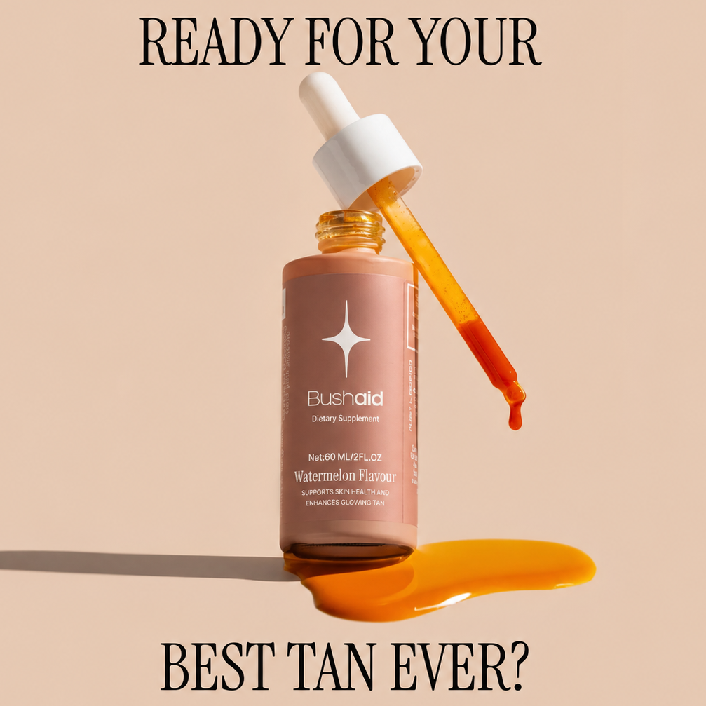 A bottle of Blushaid Watermelon Flame makeup tint with a dropper, shown on a warm beige background with text reading 'READY FOR YOUR BEST TAN EVER?' and a glossy orange-tan product smear below.