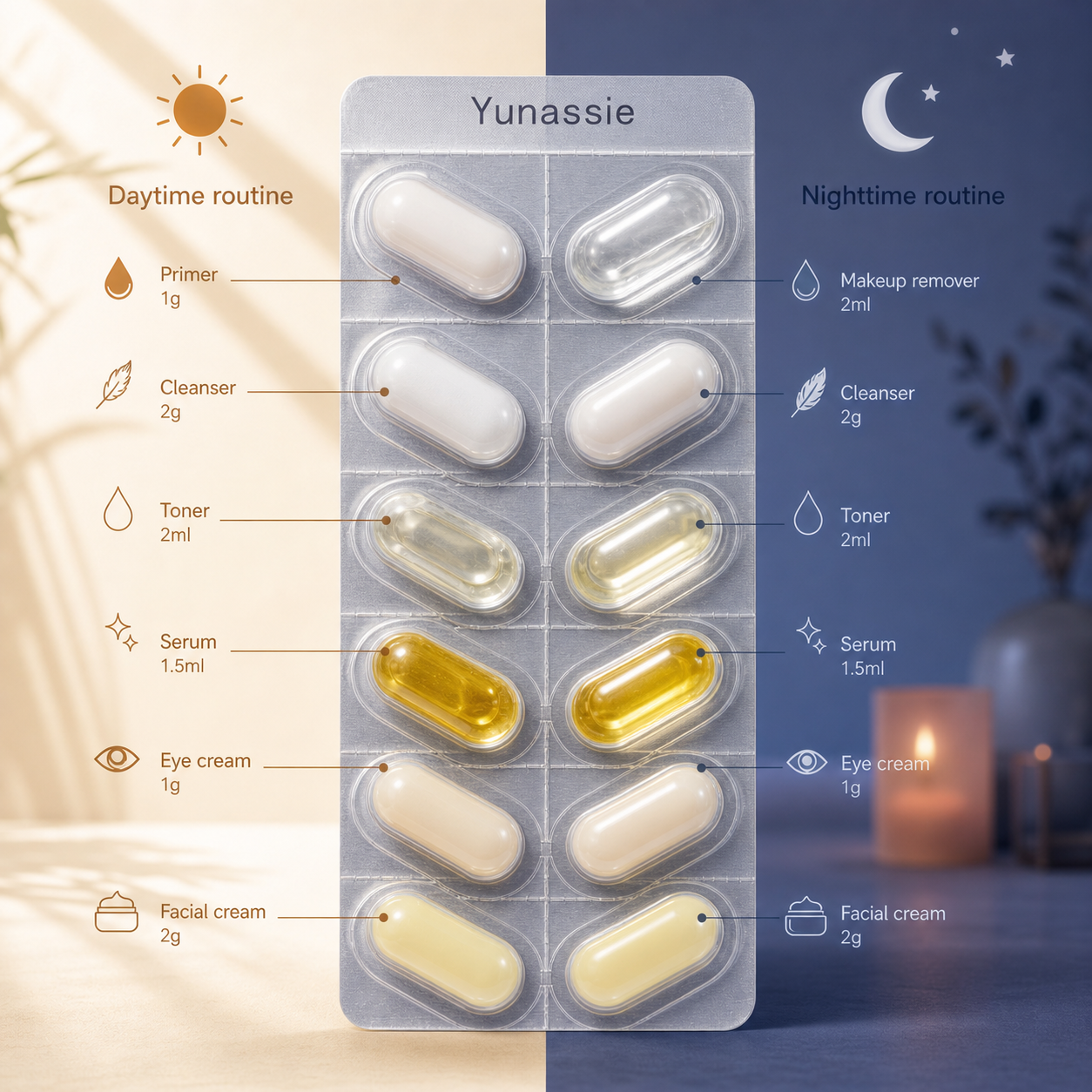 Yunassie skincare product packaging with daytime and nighttime routines on a split background.