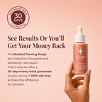 A hand holds a bottle of Bushaid Tanning Drops against a soft peach-pink background, with promotional text on the left reading 'See Results Or You'll Get Your Money Back' and a circular badge stating '30 Days Guarantee.'.