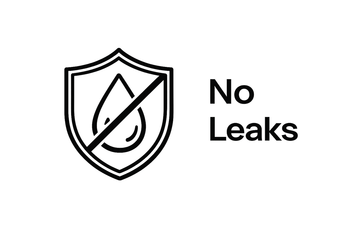 Black line icon of a shield with a water droplet and diagonal strike-through symbol, next to the text 'No Leaks' on a white background.