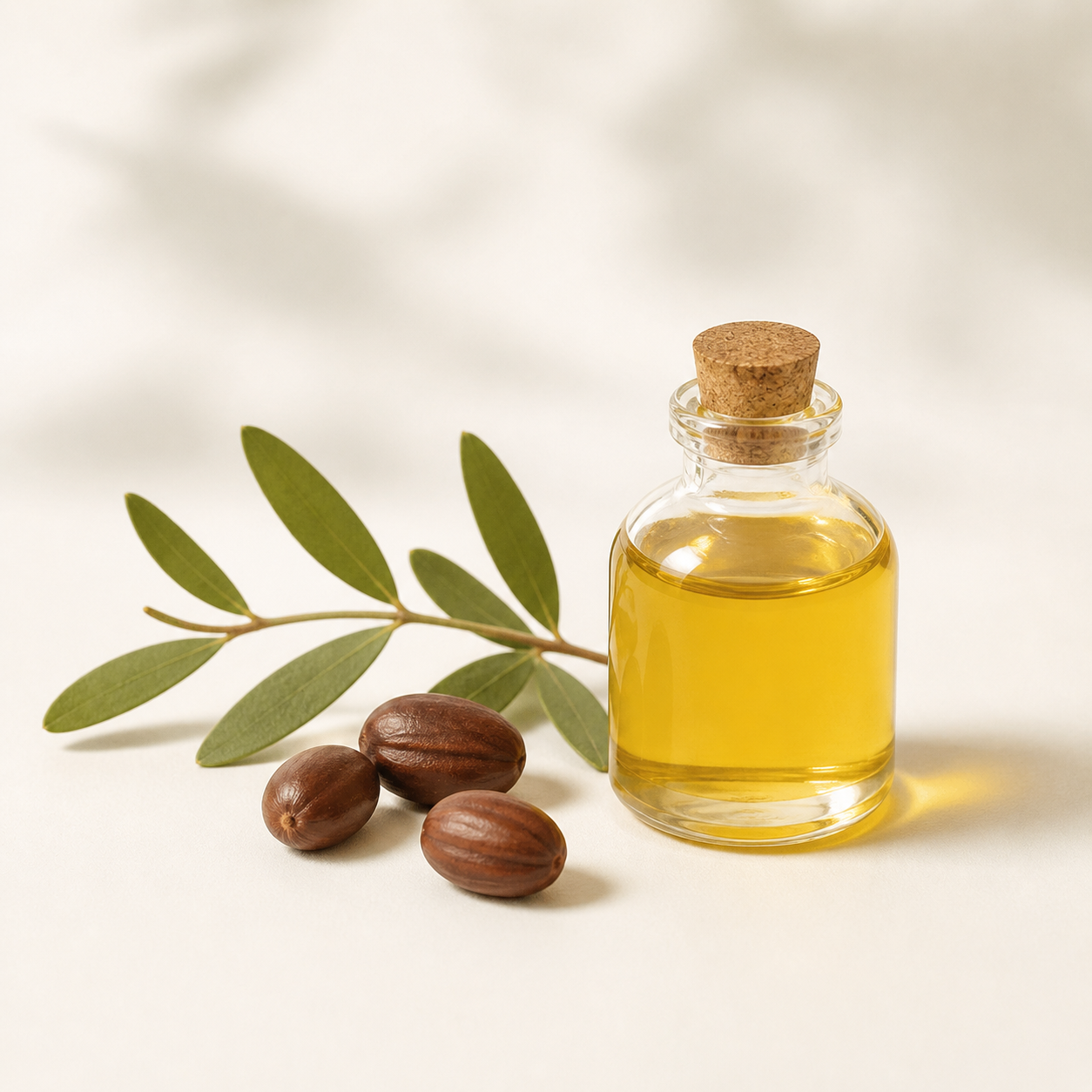 Glass bottle of JOJOBA SEED OIL with a cork lid, Jojoba branch, and Jojoba seed on a light background