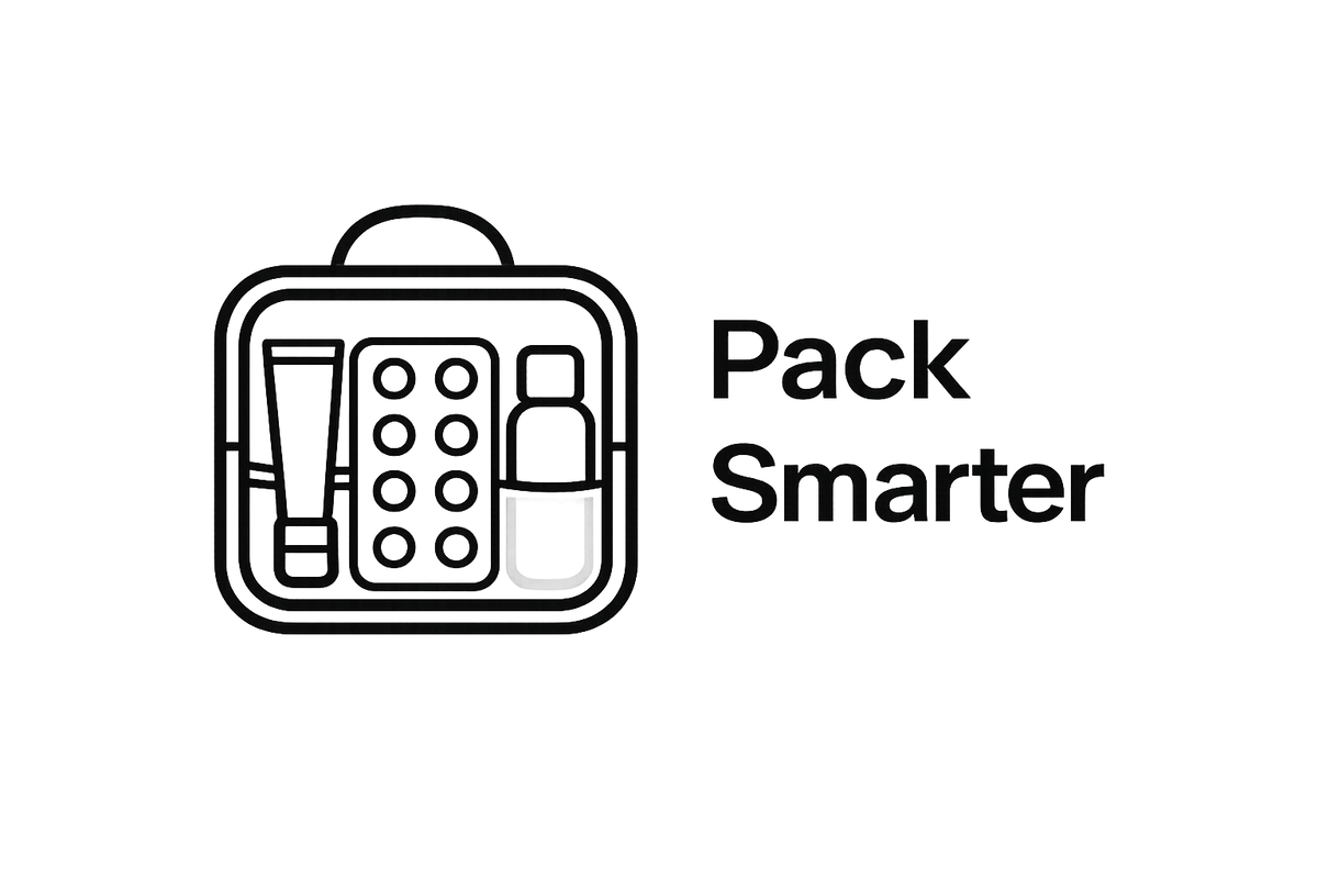 A black line icon of a toiletry bag containing a tube, pill bottle, and blister pack, next to the text 'Pack Smarter' on a plain white background.