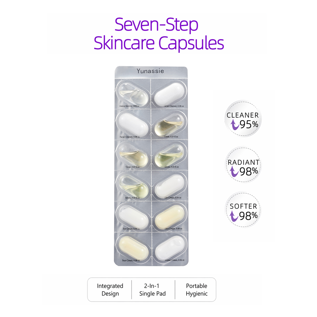 Yunassie skincare capsules packaging with text indicating step benefits on a white background