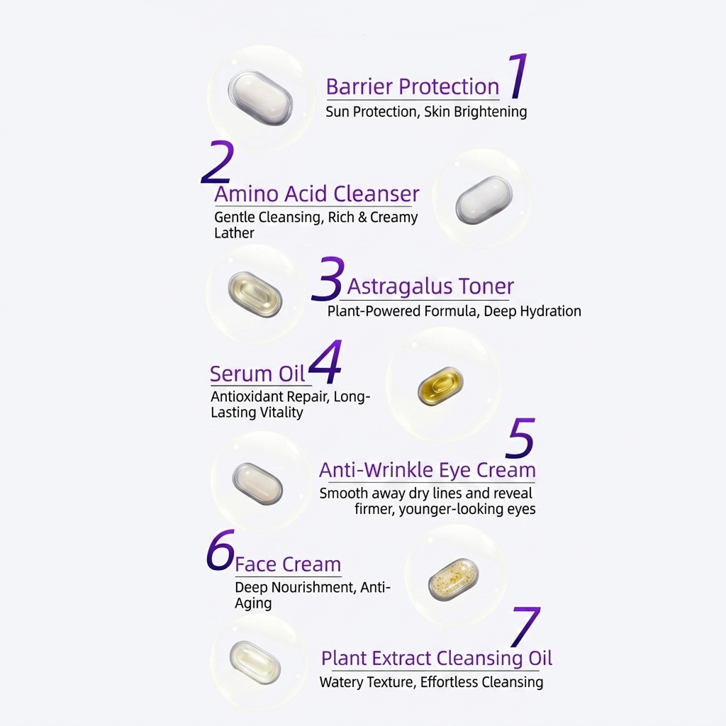 Step-by-step skincare routine with icons and text on a white background