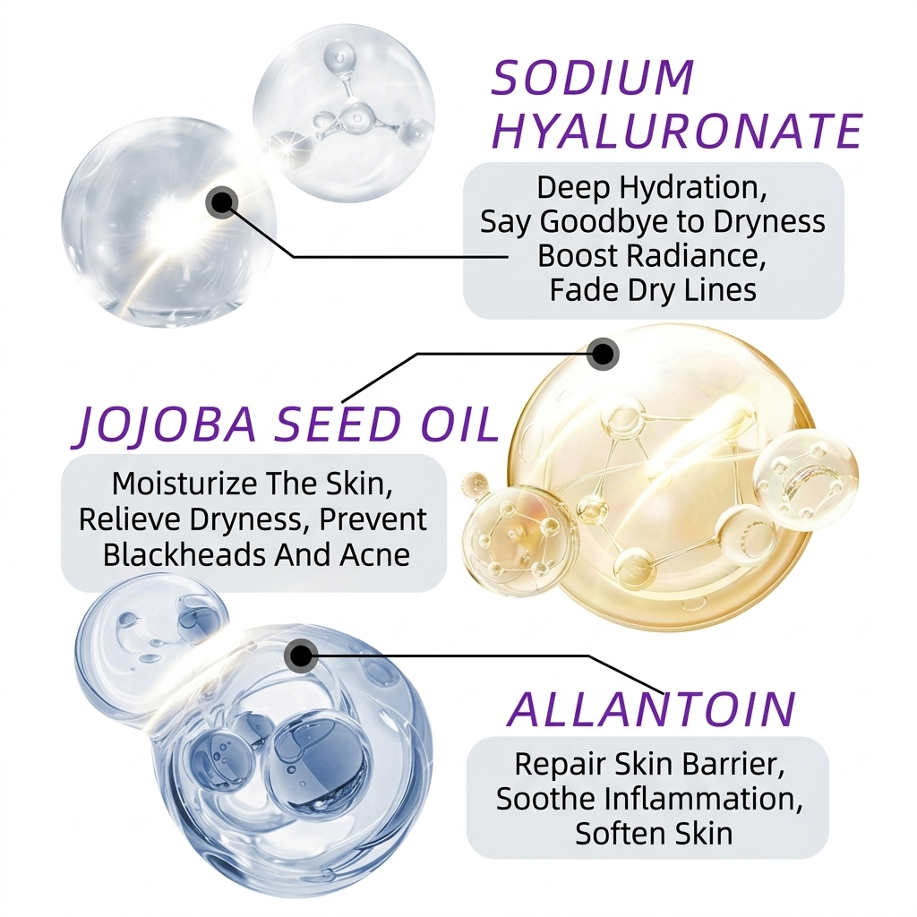 Diagram of sodium hyaluronate, jojoba seed oil, and allantoin with their benefits on a white background.