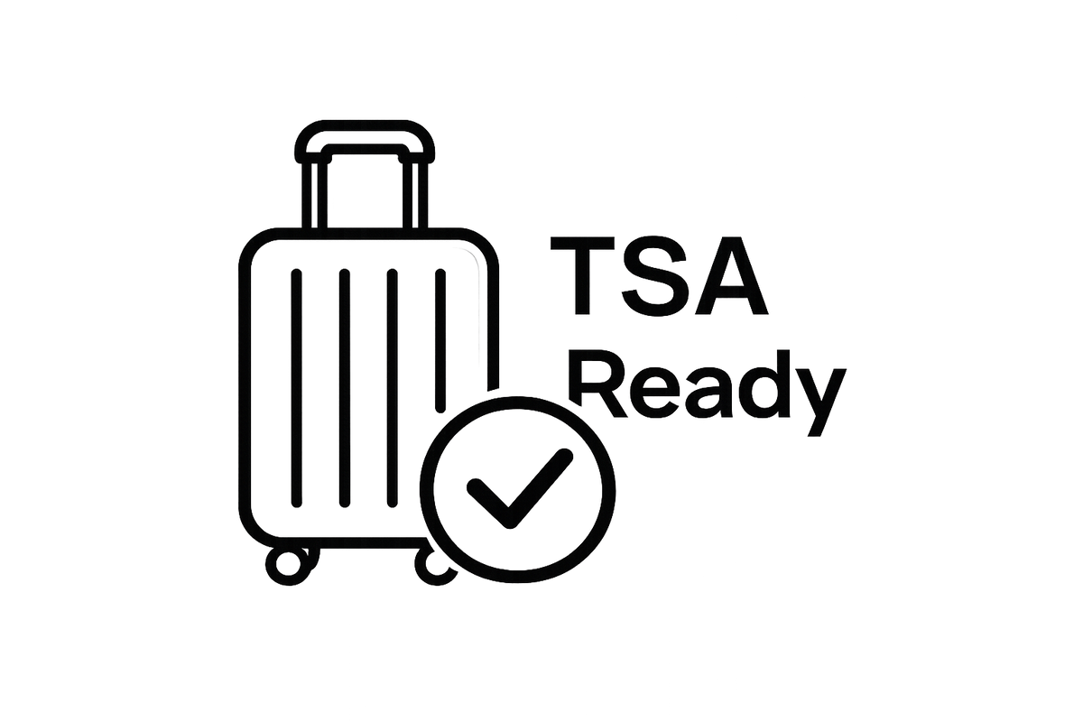 A black line icon of a rolling suitcase next to the text 'TSA Ready' on a plain white background.