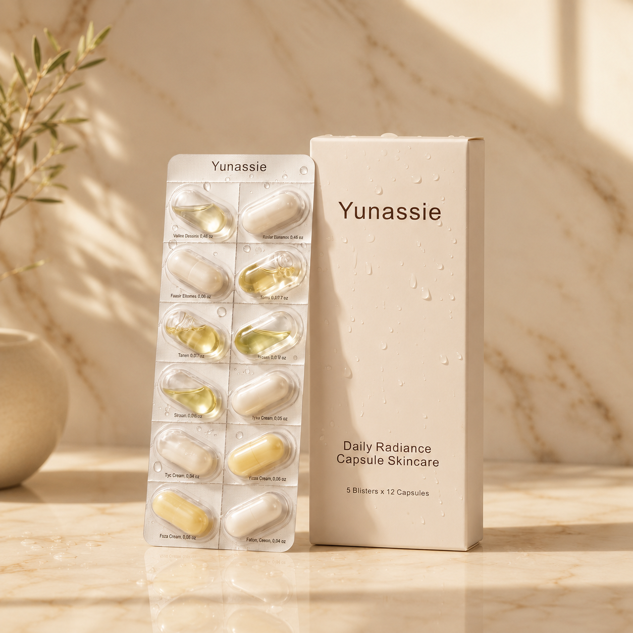 Yunassie Daily Radiance Capsule Skincare shown with a white product box and a blister pack of capsules on a warm marble surface with soft sunlight and shadows.