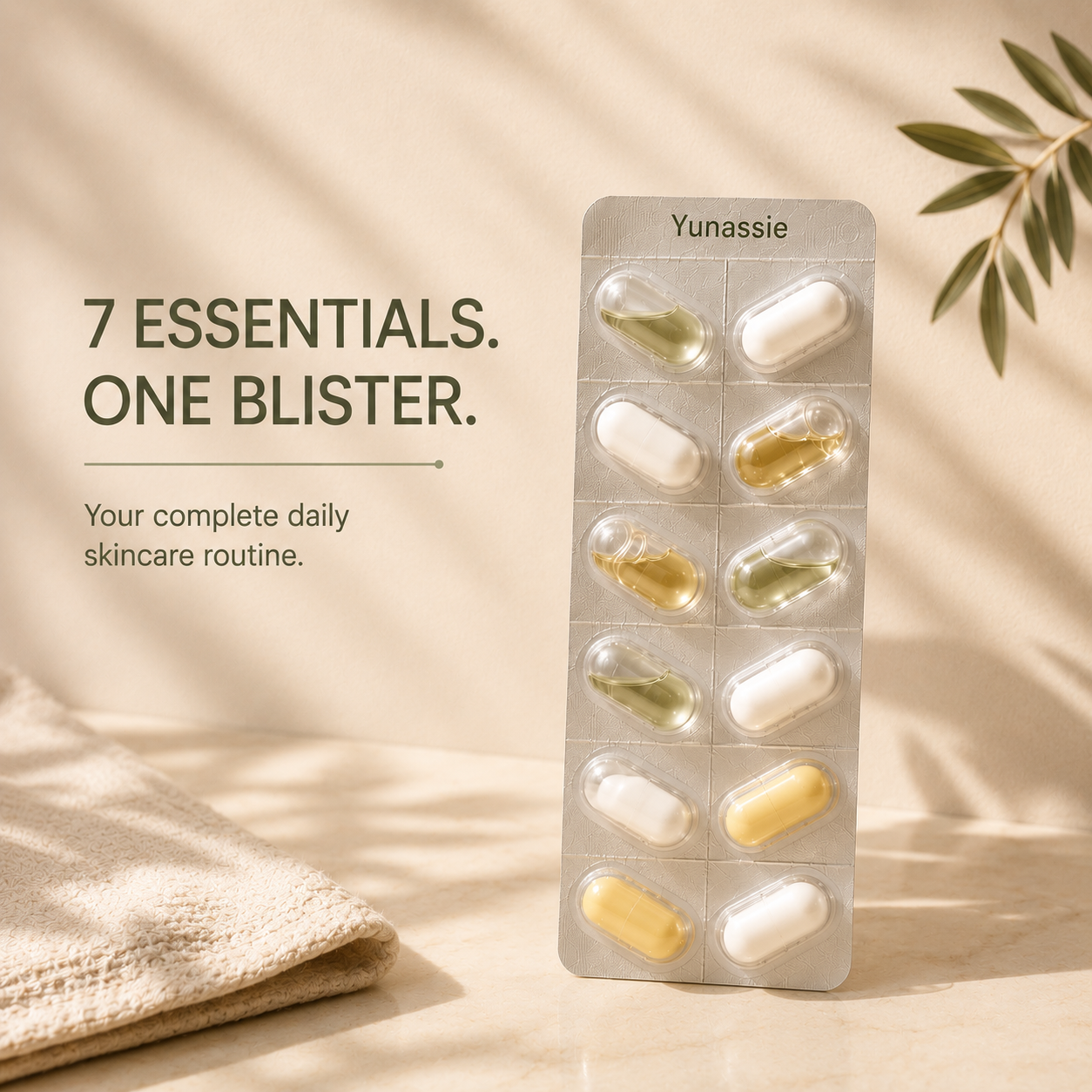 A vertical blister pack of Yunassie skincare capsules stands on a beige surface with soft shadows, next to text reading '7 ESSENTIALS. ONE BLISTER.