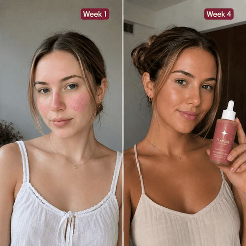 A before-and-after split screen showing a woman's face over four weeks, with 'Week 1' on the left and 'Week 4' on the right. The right side shows her holding a pink bottle labeled 'FUSION' by Estée Lauder.