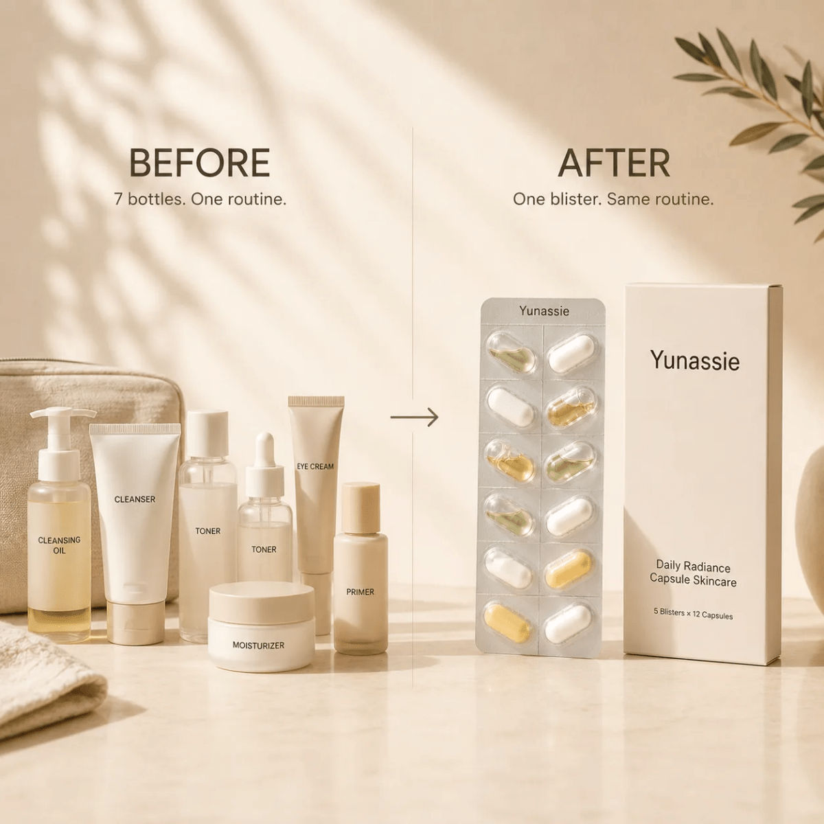 Before and after skincare comparison showing a 7-bottle routine on the left and one blister pack of Yunassie Daily Radiance Capsule Skincare on the right, styled with warm sunlight and shadows on a beige surface.