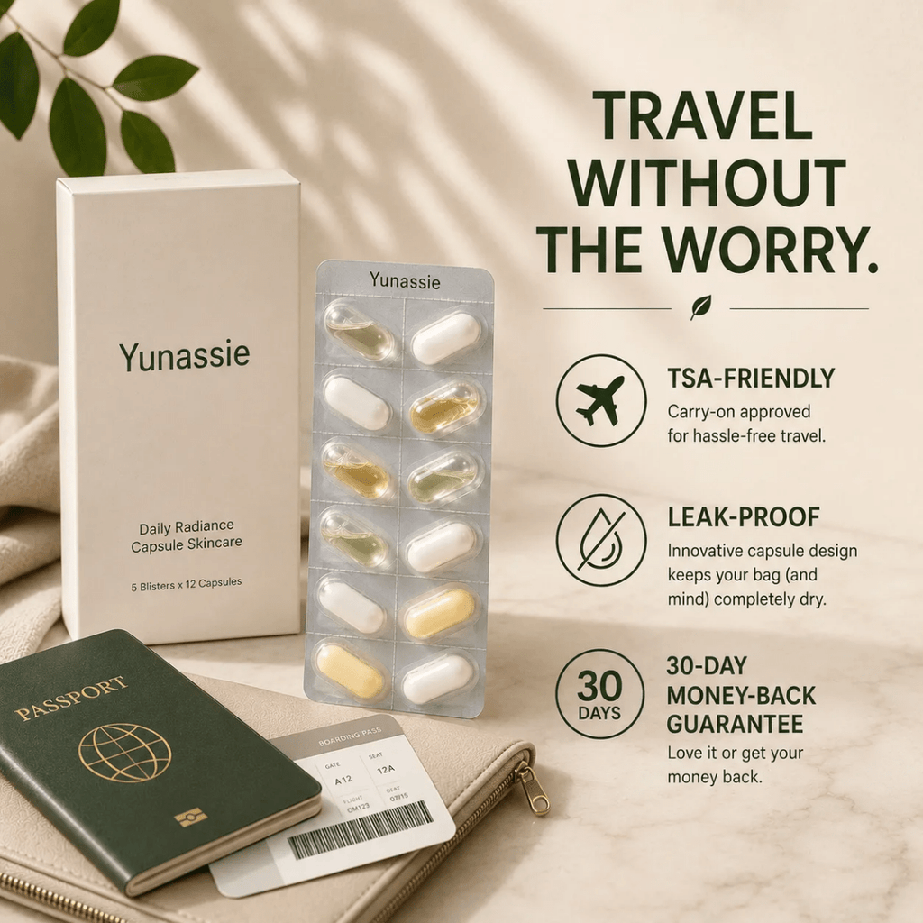 Yunassie Daily Radiance Capsule Skincare travel set shown with a cream-colored product box, a blister pack of white and gold capsules, a green passport, a boarding pass, and a small zip pouch on a beige surface with leaf shadows. Text on the right reads 'TRAVEL WITHOUT THE WORRY' with feature icons.