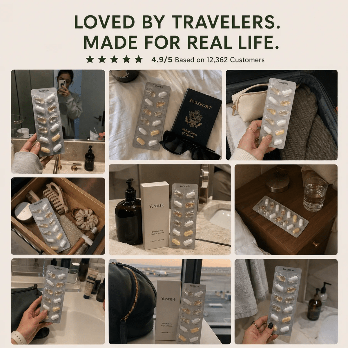 A collage of nine lifestyle testimonial's photos showing a person holding a travel-sized version of the Yunasie skincare routyine box and matching rectangular product in real-world settings like a bathroom, bedroom, and desk. The top text reads 'LOVED BY TRAVELERS.